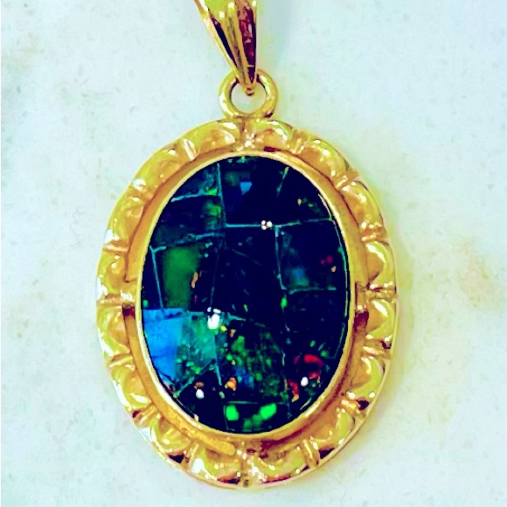 Mosaic Black Opal Pendant in 14K Gold